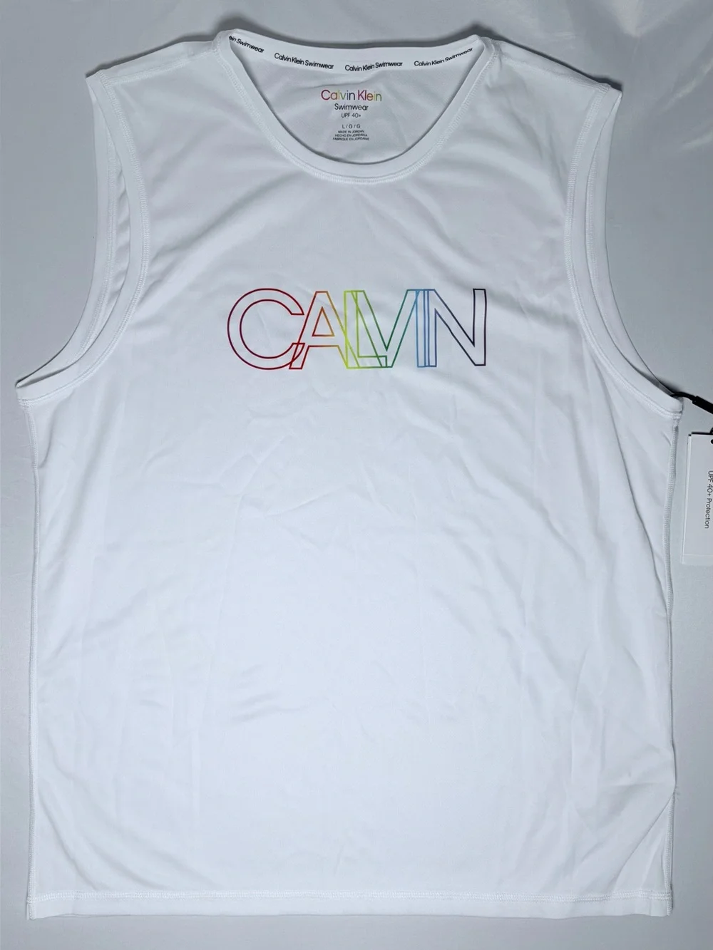Calvin Klein Swimwear UPF 40+ Swim Tank Top Men's Large White Pride Rainbow NWT
